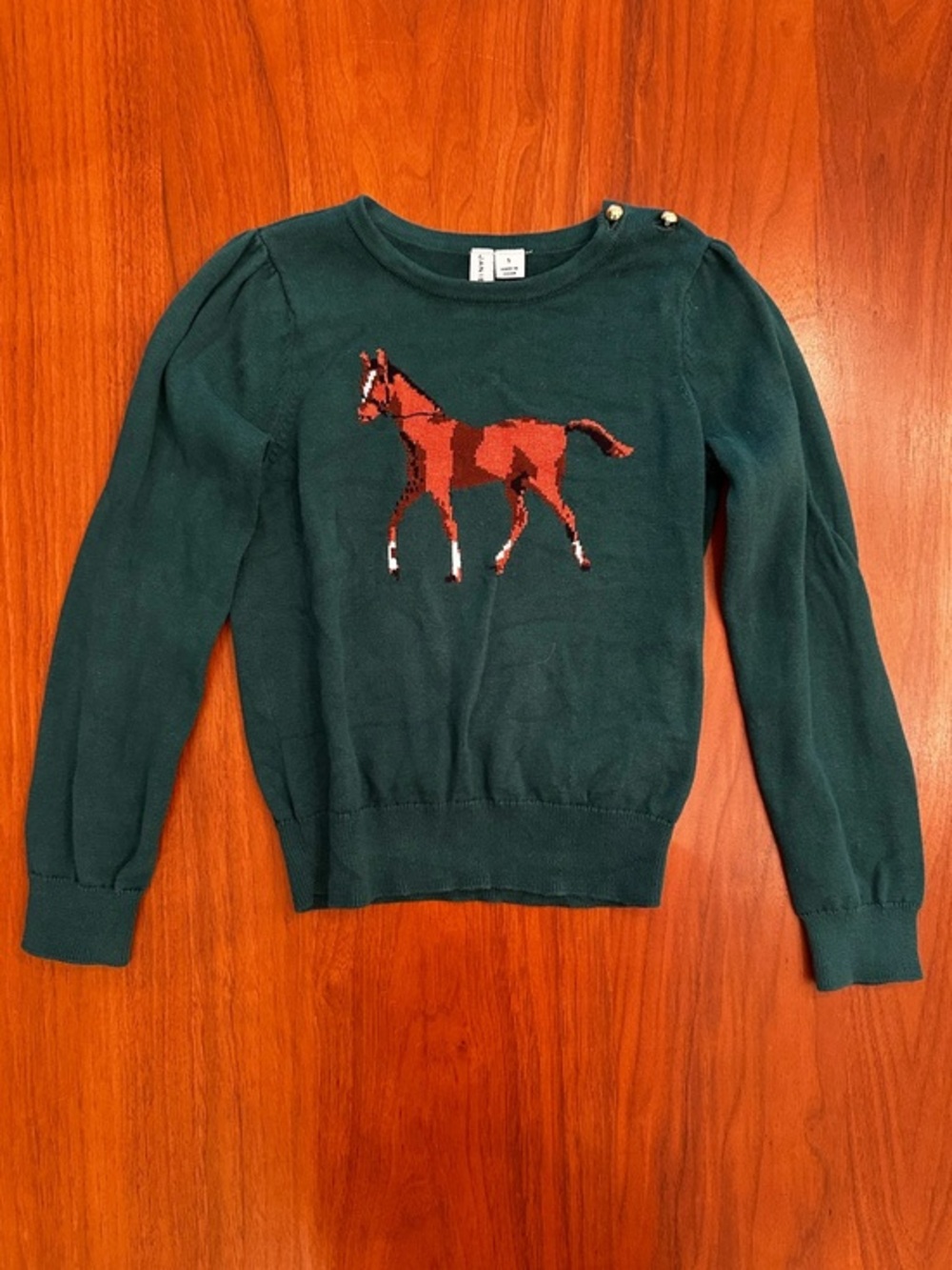 Janie and Jack Girls Green Horse Intarsia Sweater with Gold Button Shoulder